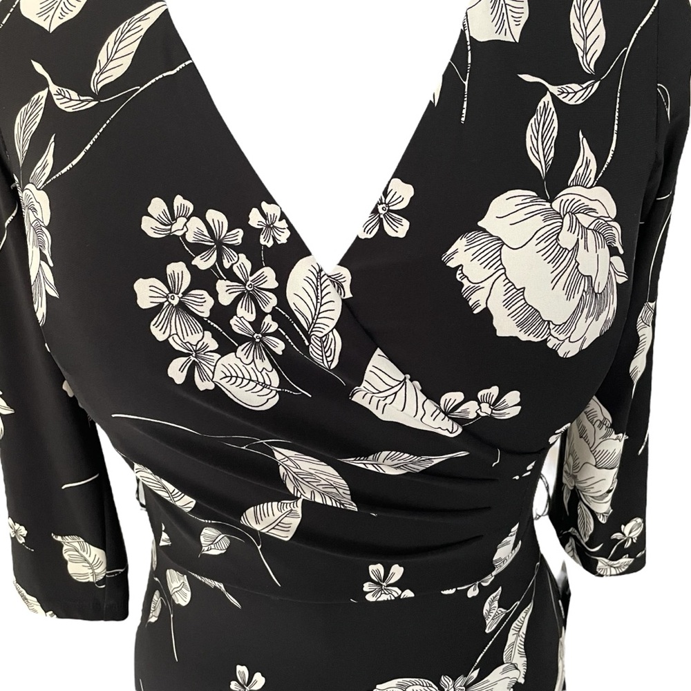Lauren Ralph Lauren Floral-Print Midi Surplice Dress Black and White Sz: 4 NWT - Picture 3 of 15
